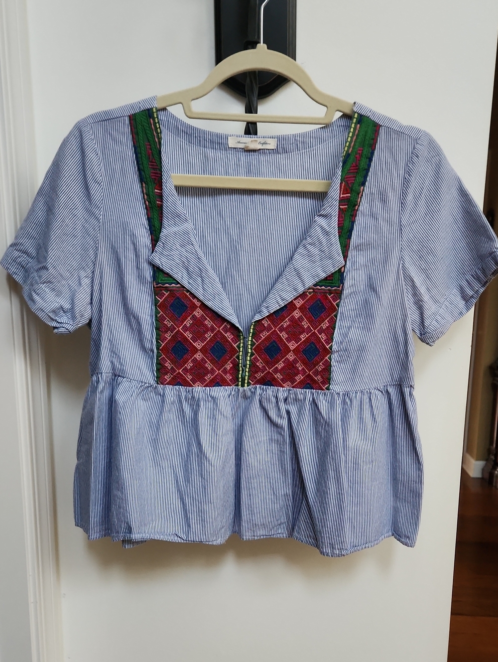 American Eagle Outfitters Blue Striped Peplum Top with Red Embroidered Panel